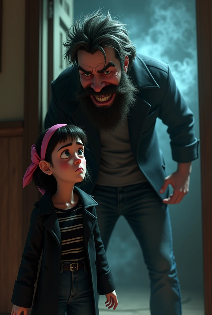An angry bearded man with black negative energy overflowing around him and a strong presence entering the house, and a scared short-haired woman with a pink headband, black coat and striped blouse, disney pixar style 3d. 