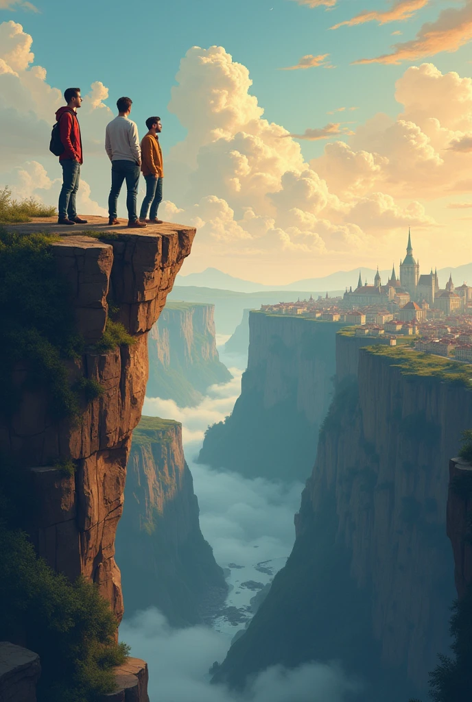 Scene 4: Learning to Take Risks:
Depict Robert and his friend standing at the edge of a metaphorical financial cliff, looking nervous but determined. On the other side of the cliff, there’s a path leading to a bright, prosperous city representing financial freedom. Rich Dad is on the edge of the cliff, encouraging them to take the leap with a confident smile, showing that taking risks is necessary.