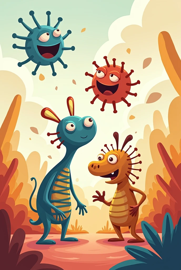 A single cartoon drawing where a caffeine molecule exists, a DNA molecule and a bacteriophage virus