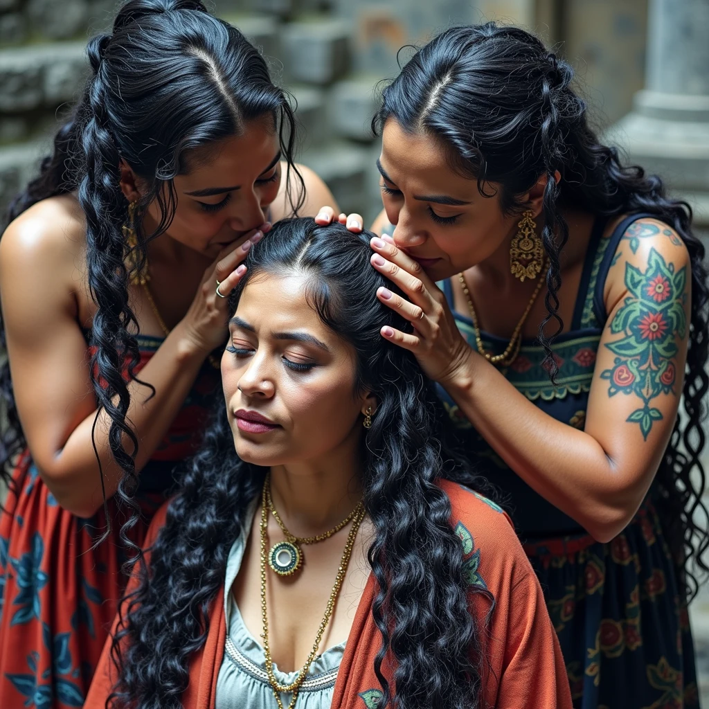 An unusual yet intriguing scene set within the sacred precincts of an ancient mayan temple.Sexually wildenes shows Three younger,mature,Eldery lesbian mexican mayan ladies, adorned in vibrant, traditional mayan dress, stand out against the dark, mystical backdrop. Their unnaturally black,long,rapunzel, 3C curly hair, reminiscent of coiled springs, draws the eye with its inexplicable sheen and volume. Each strand seems to have been meticulously crafted by an unseen hand, coiled and coiled a million times over until it reaches a state of surreal perfection. The hair appears to have been showered with an unimaginable amount of oil, so much so that it resembles wet pulp, saturated and absorbing the light around them. The kneeled lady in the center, with her hair cascading down her back, is the focal point as her tresses shimmer and reflect like a sea of black mirrors. The other two ladies, their own hair equally as wet and oil-soaked, lean over her from behind. With a playful yet fervent expression, they begin to lick and kiss her scalp, their movements seemingly driven by an unbridled passion. This act of intimate hair worship is both mesmerizing and slightly jarring, as their thick, curly locks, like dark waterfall of springs, bounce and sway with each tender caress. The scene is suffused with an air of strange ritual, as if the very essence of the divine is being invoked through the act of grooming and adoration. Each curl is a testament to the boundless creativity of nature, while the trio's shared experience speaks to a deep-rooted bond of sisterhood and the mysterious powers of feminine unity. The image captures a moment that is at once sensual, spiritual, and eerily beautiful, leaving the viewer to ponder the story behind this peculiar tableau.