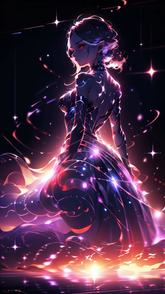 a female alien with dark purple skin, red eyes, intricate markings on skin, standing on top of a broken ship, (best quality,4k,8k,highres,masterpiece:1.2),ultra-detailed,(realistic,photorealistic,photo-realistic:1.37),HDR,UHD,studio lighting,ultra-fine painting,sharp focus,physically-based rendering,extreme detail description,professional,vivid colors,bokeh,science fiction,concept art,dramatic lighting,moody atmosphere,cinematic