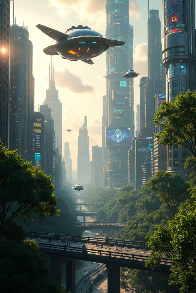 detailed futuristic cyberpunk city, lush green jungle environment, morning sky, flying cars, neon lights, skyscrapers, advanced architecture, robots, holographic displays, cinematic lighting, dramatic shadows, vibrant colors, (best quality,8k,highres,masterpiece:1.2),ultra-detailed,(realistic,photorealistic:1.37),cinematic lighting,dramatic shadows,vibrant colors