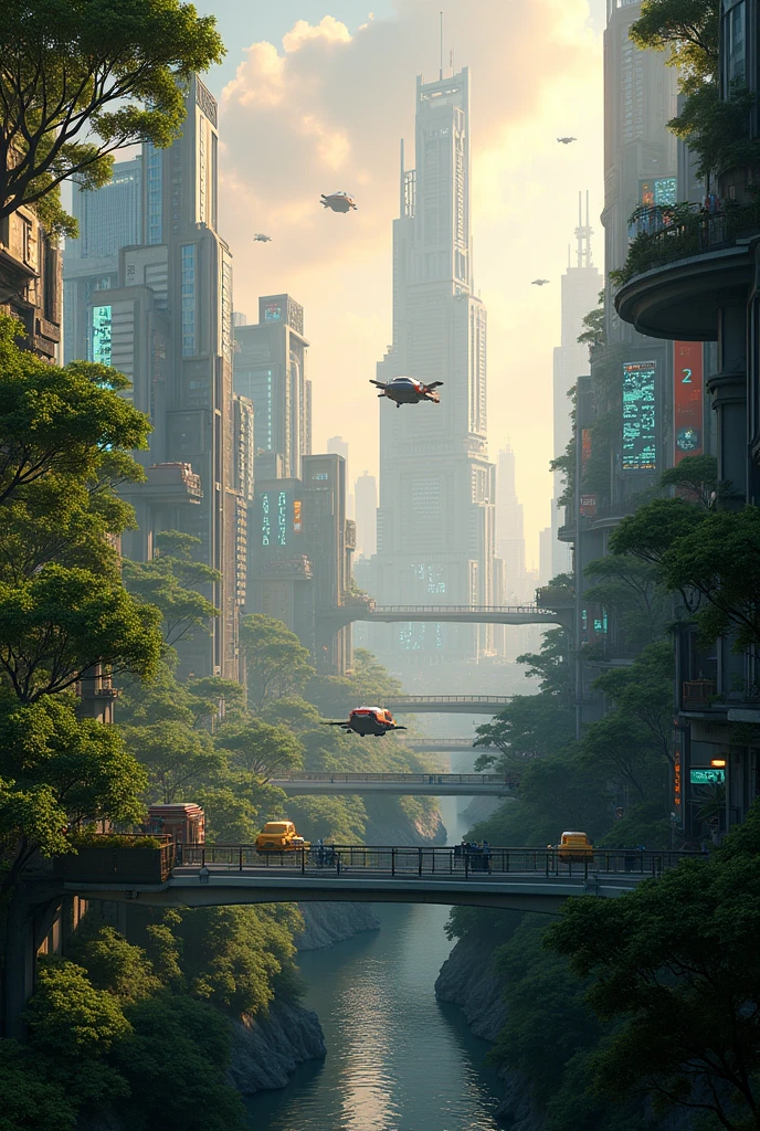 detailed futuristic cyberpunk city, lush green jungle environment, morning sky, flying cars, neon lights, skyscrapers, advanced architecture, robots, holographic displays, cinematic lighting, dramatic shadows, vibrant colors, (best quality,8k,highres,masterpiece:1.2),ultra-detailed,(realistic,photorealistic:1.37),cinematic lighting,dramatic shadows,vibrant colors
