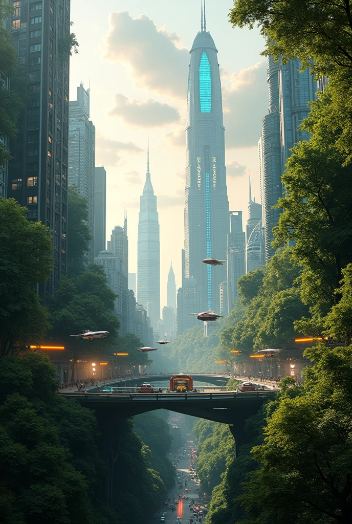 detailed futuristic cyberpunk city, lush green jungle environment, morning sky, flying cars, neon lights, skyscrapers, advanced architecture, robots, holographic displays, cinematic lighting, dramatic shadows, vibrant colors, (best quality,8k,highres,masterpiece:1.2),ultra-detailed,(realistic,photorealistic:1.37),cinematic lighting,dramatic shadows,vibrant colors