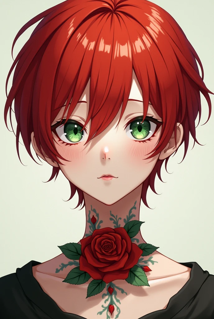 Red-haired, green-eyed boy with a mole under his left eye, white skin with a rose tattoo on her neck anime 
