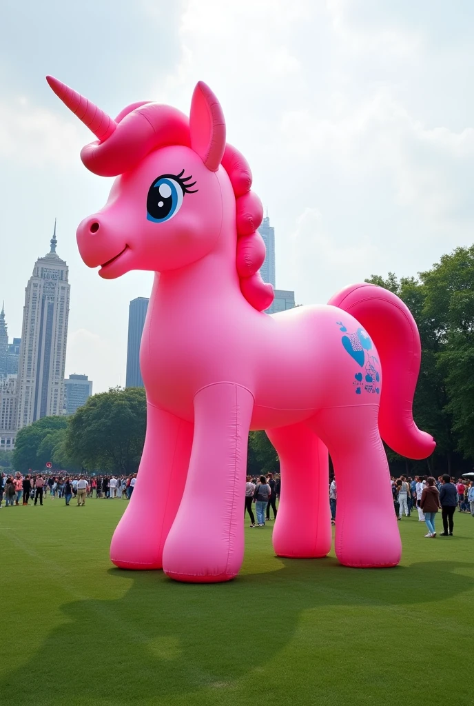 a giant pink pony blow-up doll on a grassland , (Practical, RAW photos, Ultra-fine transparent), Practical Light, city and street background , lots of people around