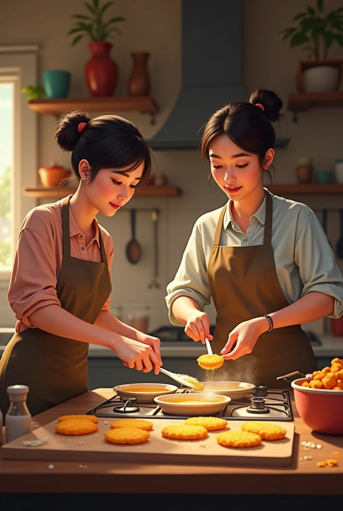 Two people in a kitchen preparing fritters