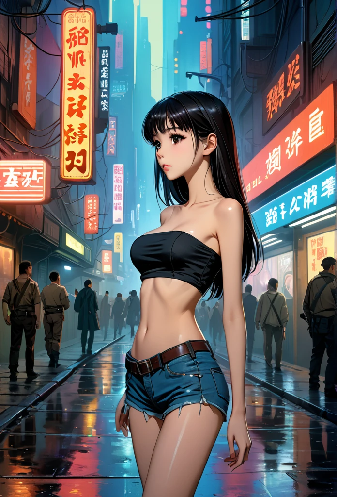 ((masterpiece,Highest quality:1.3)), 8k wallpaper、cowboy shot,1woman、20 year old beauty、solo,((very small head:1.5)),black hair,long hair,bangs,black eyes,gorgeous eyes,shy,medium breasts,((very long body:1.3)),(toned body,slender body,skinny),gleaming skin,shiny skin,oily skin,(Tube top shirt、Micro Shorts、on street,Metropolis、World of Blade Runner