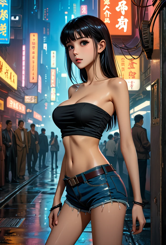 ((masterpiece,Highest quality:1.3)), 8k wallpaper、cowboy shot,1woman、20 year old beauty、solo,((very small head:1.5)),black hair,long hair,bangs,black eyes,gorgeous eyes,shy,medium breasts,((very long body:1.3)),(toned body,slender body,skinny),gleaming skin,shiny skin,oily skin,(Tube top shirt、Micro Shorts、on street,Metropolis、World of Blade Runner