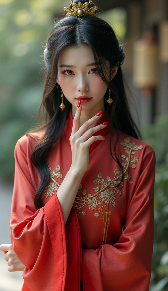 1girl Chinese dress 
long hair black hair pink eye covering lips with fingers red nails 