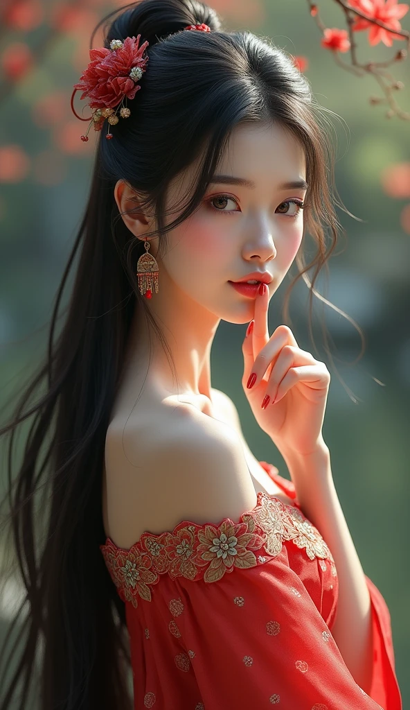 1girl Chinese dress
long hair black hair pink eye covering lips with fingers red nails