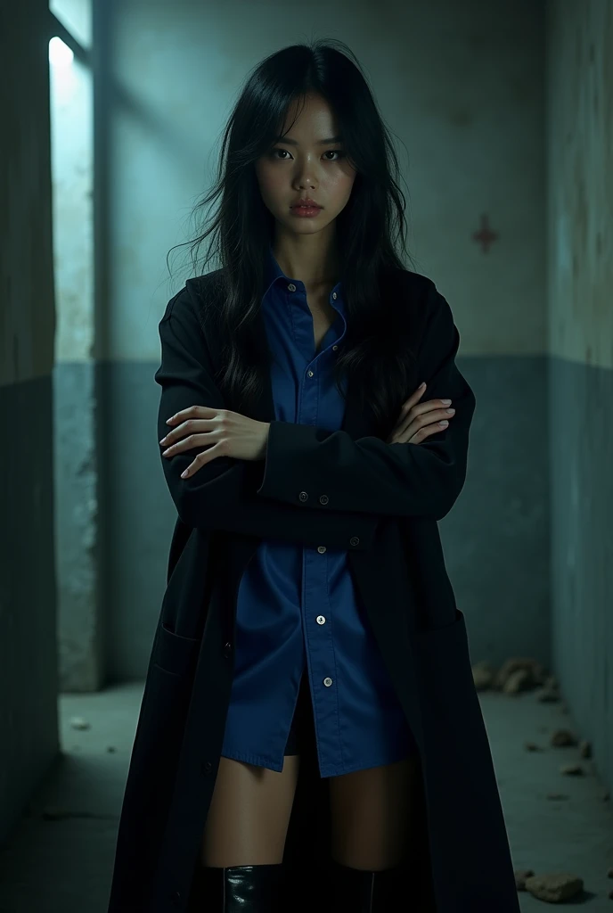 asian girl,mean expression,crossed arms,long black shirt,blue velvet shirt,knee-high boots,hyperrealistic,photorealistic,cinematic lighting,dramatic lighting,cinematic composition,highly detailed,masterpiece,best quality,8k,extremely detailed,ultra-detailed,hyper-realistic texture,realistic skin,realistic clothing,realistic fabric,realistic folds,realistic shadows,dramatic contrast
