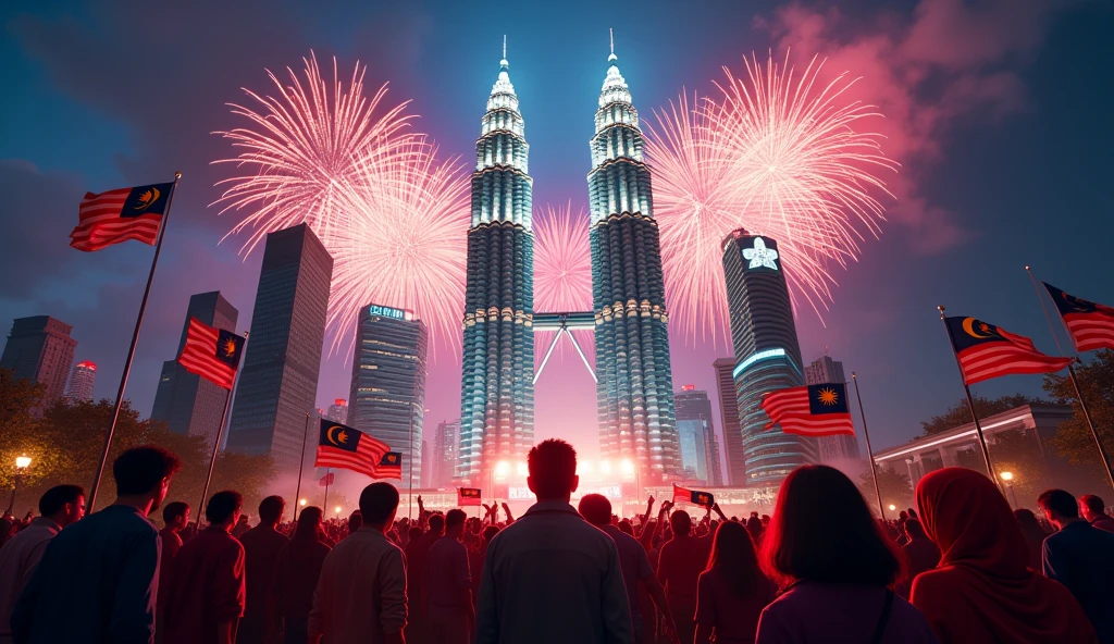 ((photorealism:1.2)), Malaysia Day, Citizens back, Malaysia flag, Malaysia Petronas Twin tower, High-Quality image Generation, night view, fireworks, citizen's cloth different colors, citizens hold Malaysia flag