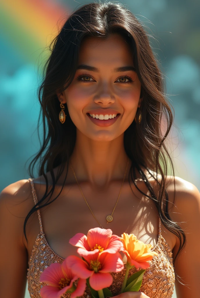 Hyper realistic detailed faces and best eyes a Venezuela very very beautiful woman, smile very attractive, appears, breaks through the ace card wearing a sexy kebaya, and sarong, matching shoes, holding flowers. The background is a gradient of bluu and golden with rainbow colored Smoke vivid colors art hyper realistic and sun shine full, unbelivable focus scene, super sharp, super portrait face, masterpiece, UHD, 18K