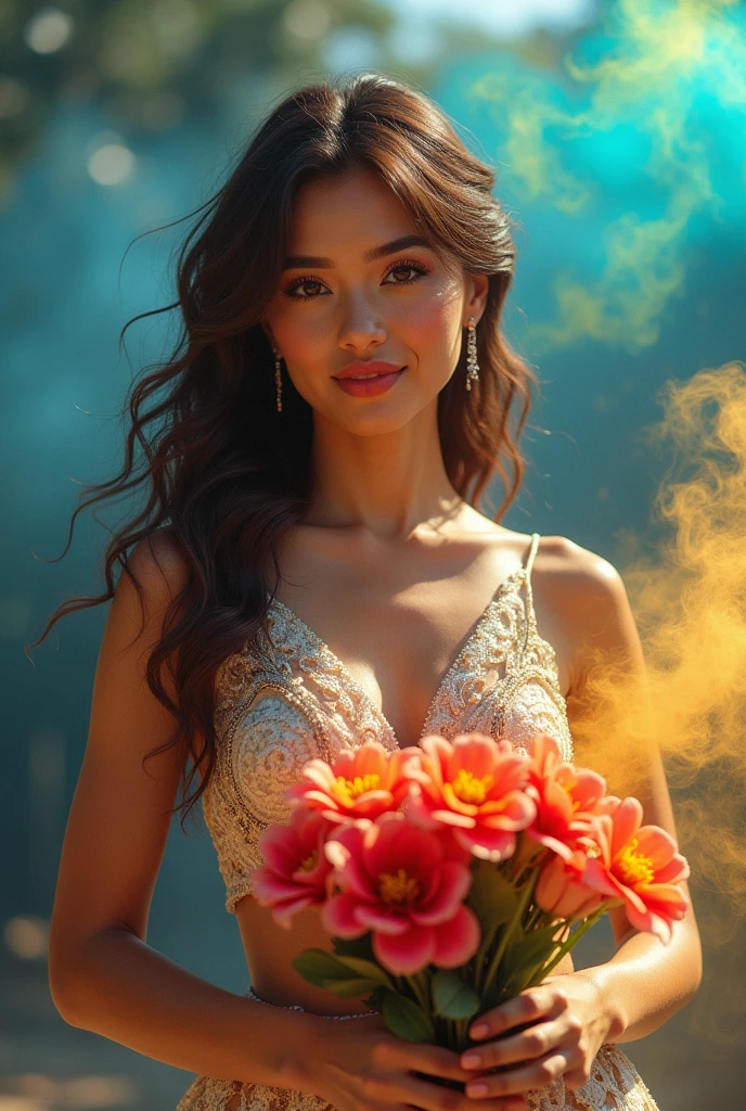 Hyper realistic detailed faces and best eyes a Venezuela very very beautiful woman, smile very attractive, appears, breaks through the ace card wearing a sexy kebaya, and sarong, matching shoes, holding flowers. The background is a gradient of bluu and golden with rainbow colored Smoke vivid colors art hyper realistic and sun shine full, unbelivable focus scene, super sharp, super portrait face, masterpiece, UHD, 18K