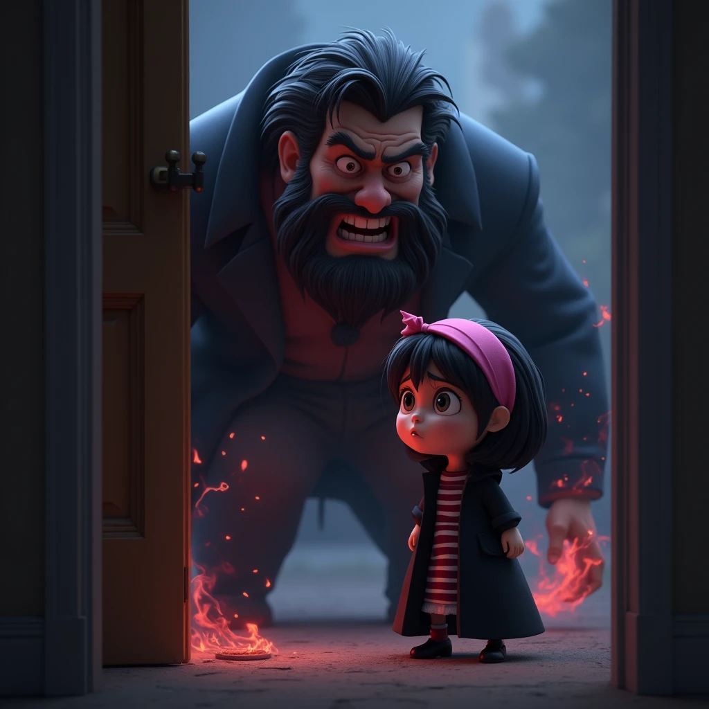 An angry bearded man with black negative energy overflowing around him and a strong presence entering the house, and a scared short-haired woman with a pink headband, black coat and striped blouse, disney pixar style 3d.