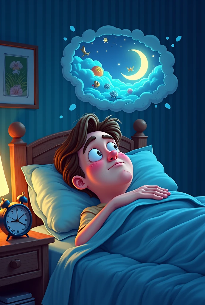 A cartoon men sleeping in bed room at 3:45 at night. Her room in table clock, and he dreaming,  her had up dreaming scene in dream shape, her  720x640 image