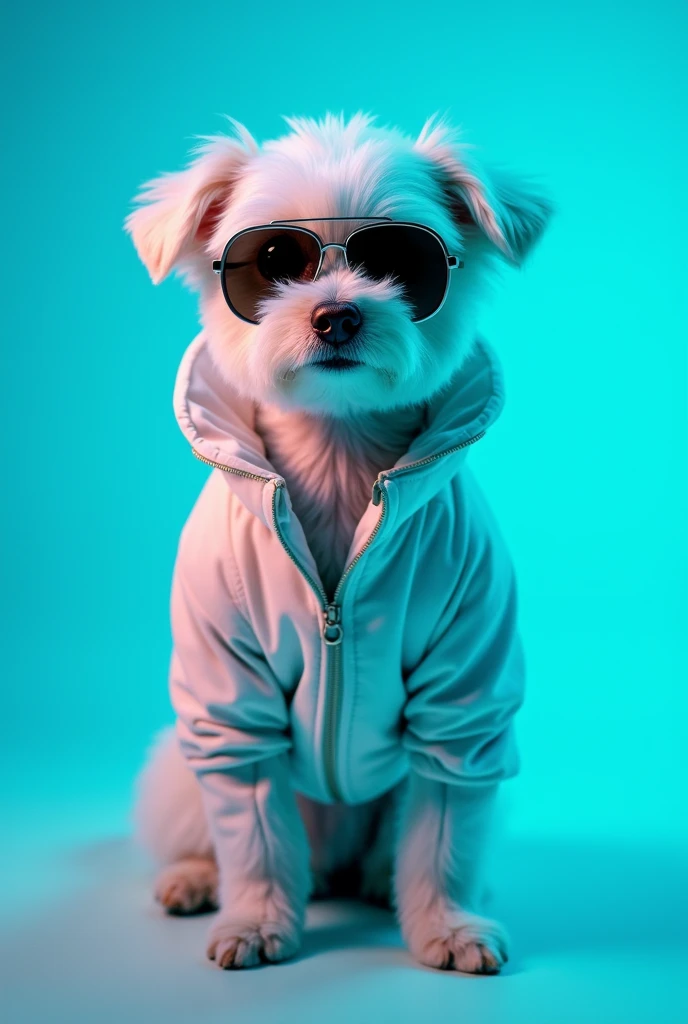 The best cell phone wallpaper, Award-Winning Wallpaper, portrait photography, In the front view is a portrait of a cute dog wearing mid-1960s space age fashion, Side view photo, Shot with Canon EOS R5, Set a strong contrast that accentuates the subject, Fluorescent blue tone, Wearing a very modern coat and sunglasses is a modern 1960s style, Clothes all in one color, beautiful background