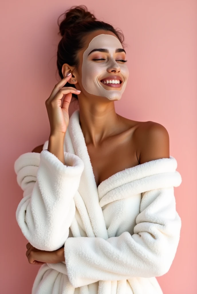 Creative and aesthetic Shoot  with pink or white background of female brown model in bathrobe with applied rose mud face mask