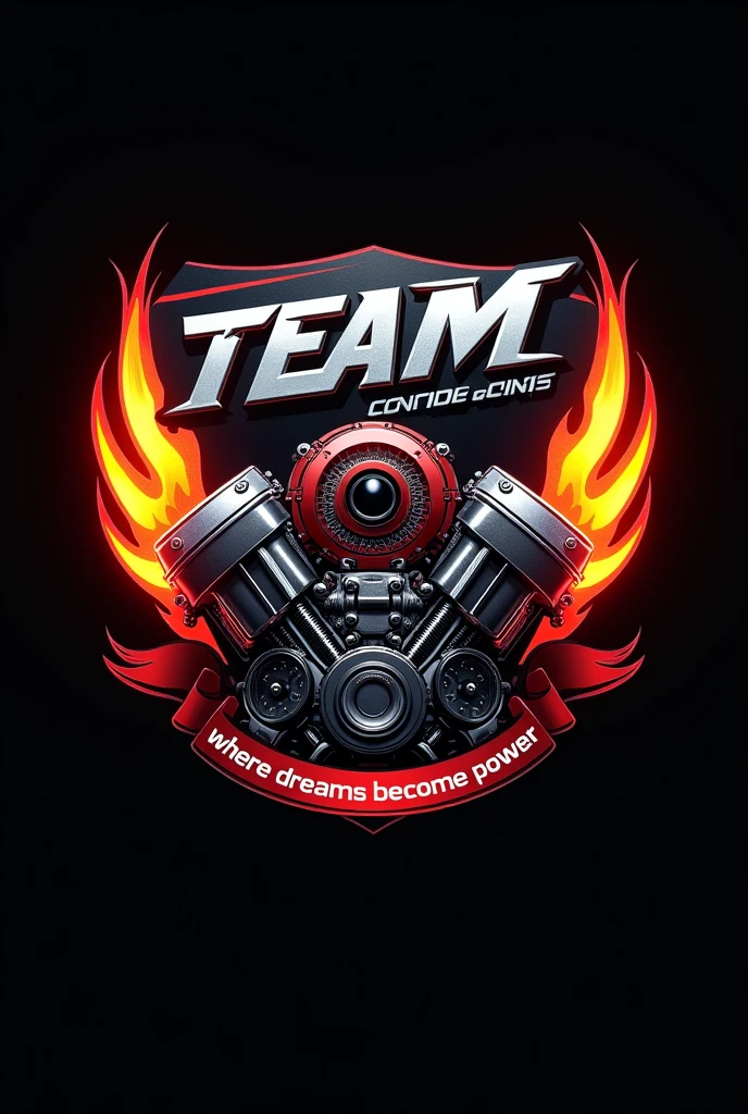a logo in the form of an emblem, evoking the feel of a racing team crest. The background is a matte black, which gives it an elegant and modern touch. In the middle, There is a picture of a high performance engine, with red and silver details that highlight its complexity and power. This engine is represented dynamically, as if it were moving, with lines suggesting speed.Around the engine, There are stylized flames in orange and yellow rising upwards, symbolizing energy and passion for mechanics. These flames can have a gradient effect, which gives them depth and vitality.At the top of the emblem, The name of the institute is written in a bold, angular typeface, in a shiny silver color with a slight sheen that reflects light. This gives it a futuristic look..At the bottom of the emblem, You can include a waving ribbon with the motto "Where dreams become power", in a simpler but clearer typography, to make it easy to read.

