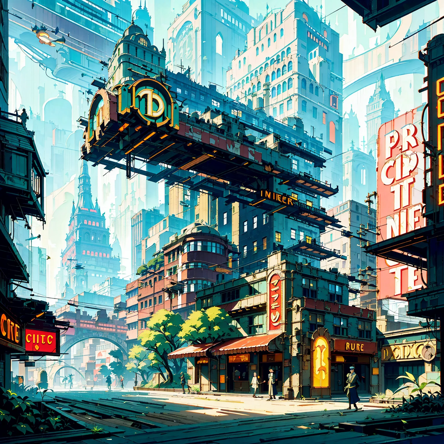 ((City)), (retrofuturistic), (cyberpunk),(high fantasy), art deco, (streamline moderne, romanesque architecture), (big (neon signs) ), ((cobblestone buildings)), ((metal buildings)), ((wood buildings)), air ships, floating buildings, trees, grass, plants, foliage, high vegetation, peaceful, optimistic, atmospheric, ((masterpiece)), ((cartoony)), ((stylized))