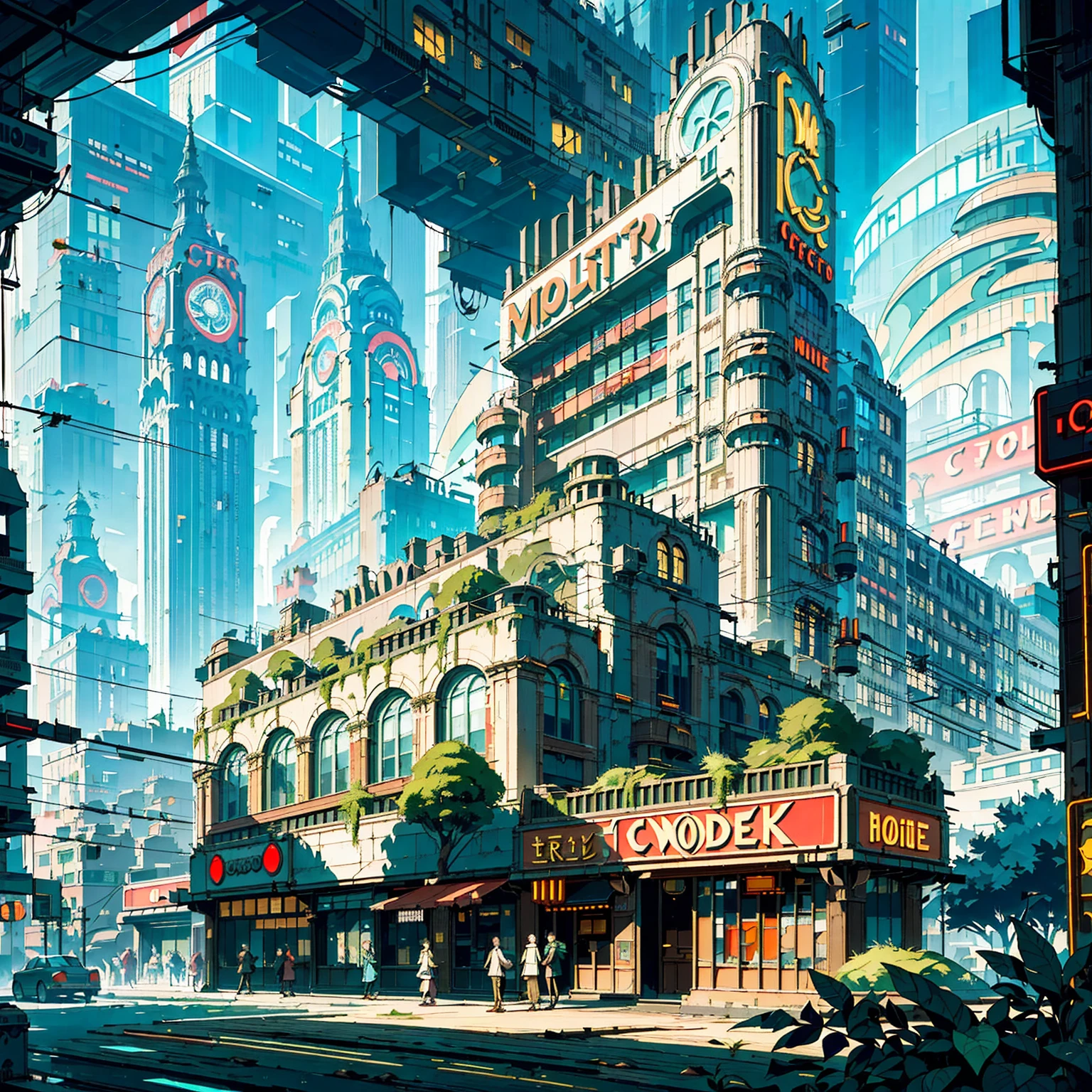 ((City)), (retrofuturistic), (cyberpunk),(high fantasy), art deco, (streamline moderne, romanesque architecture), (big (neon signs) ), ((cobblestone buildings)), ((metal buildings)), ((wood buildings)), air ships, floating buildings, trees, grass, plants, foliage, high vegetation, peaceful, optimistic, atmospheric, ((masterpiece)), ((cartoony)), ((stylized))