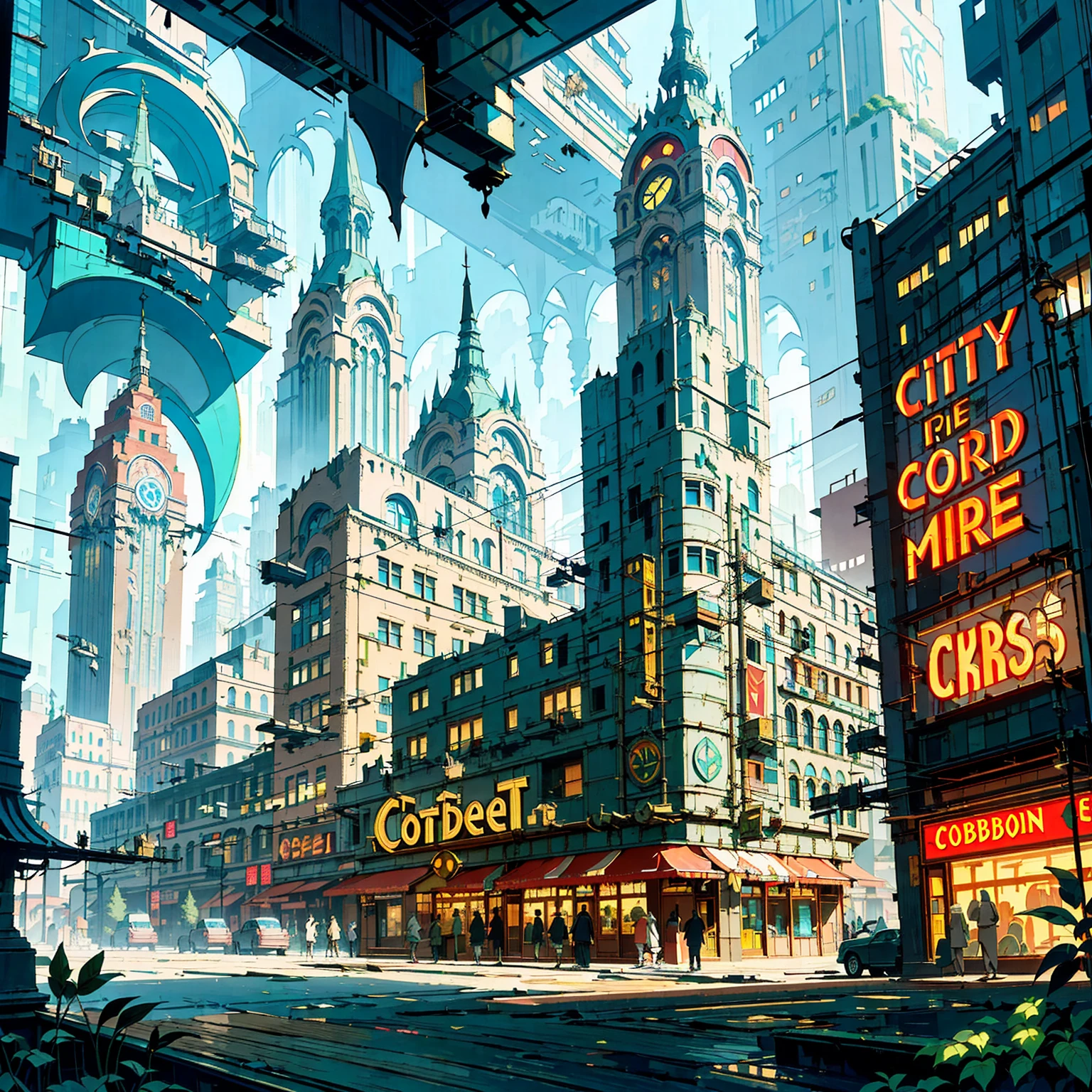 ((City)), (retrofuturistic), (cyberpunk),(high fantasy), art deco, (streamline moderne, romanesque architecture), (big (neon signs) ), ((cobblestone buildings)), ((metal buildings)), ((wood buildings)), air ships, floating buildings, trees, grass, plants, foliage, high vegetation, peaceful, optimistic, atmospheric, ((masterpiece)), ((cartoony)), ((stylized))