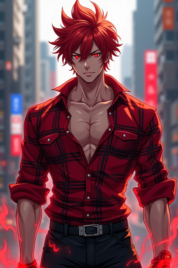 Create a male anime character with black pants red plaid shirt adult glowing red eyes red hair in Tokyo 