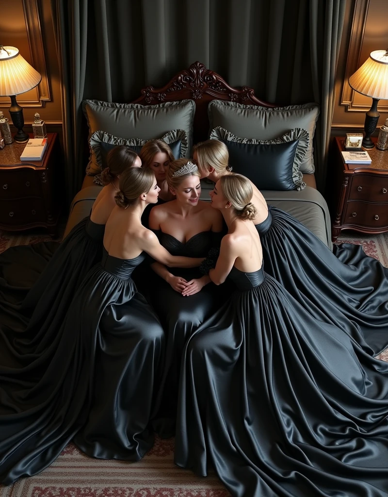 ultra quality, masterpiece, ultra resolution, longshot view, artwork, super それにget used to it, many get used to it, get used to it, それにget used to it, top view angle shows the entire bedroom,love,romantic,Six persons,((Five Mothers and One Daughter)),((Five Mature Women and One Young Woman with the tiara)),((Five Mature Women lips kissing embrace and holding One Young Woman)),((Five Mature Women holding hands and One Young Woman sat between Five Mature Women kissing)),((Midnight black-white satin velvet oversized long sleeve evening dresses)),((Oversize long sleeve midnight black-white satin velvet dresses)),((Full-length dresses train skirt stretched down and flared covered the entire mattress)),((Full of luxurious satin velvet fabric stretches and covers the the entire mattress)), luxurious shiny midnight black-white satin velvet evening dresses, Sitting kiss and hugging on the bed,((The Young Woman facing Five Mature Women kissing)),((Gorgeous queen rococo satin velvet long sleeve evening dresses with voluminous full-length stretched down and flared train skirt)),full-length sleeve midnight black-white satin velvet gloves,((long midnight black-white satin velvet gloves)),((floor-length midnight black-white satin velvet evening dresses skirt stretched down to cover the mattress)),An evening dresses with full shiny midnight black-white satin velvet fabric material,((Five Mature Women hugging One Young Woman)),luxury bedroom palace,((Palace full shiny midnight black-white bedroom)),((The bed full-covered of stretched and flares satin velvet fabric)), ((Long midnight black-white velvet bedroom material)),Frilled silk velvet bedroom midnight black-white bludru pillows on the bedroom,Five Mature Woman hugging Young Woman,One Young Woman's body surrounded and covered by Five Mature Women's dresses skirt,((Five Mature Women is sitting kiss embrace One Young Woman, One sitting in the bed between Five Mature Women)),luxurious ruffled midnight black-white curtains