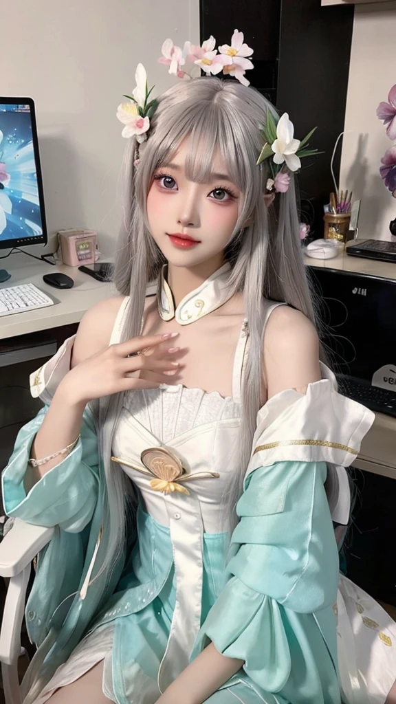 a close up of a woman sitting on a chair with a flower in her hair, computer graphics by Lü Ji, trending on cg society, rococo, anime barbie doll, anime thai girl, popular korean makeup