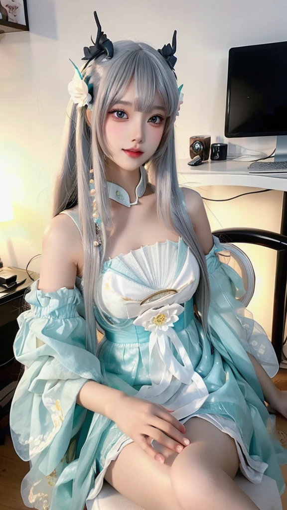 a close up of a woman sitting on a chair with a flower in her hair, computer graphics by Lü Ji, trending on cg society, rococo, anime barbie doll, anime thai girl, popular korean makeup