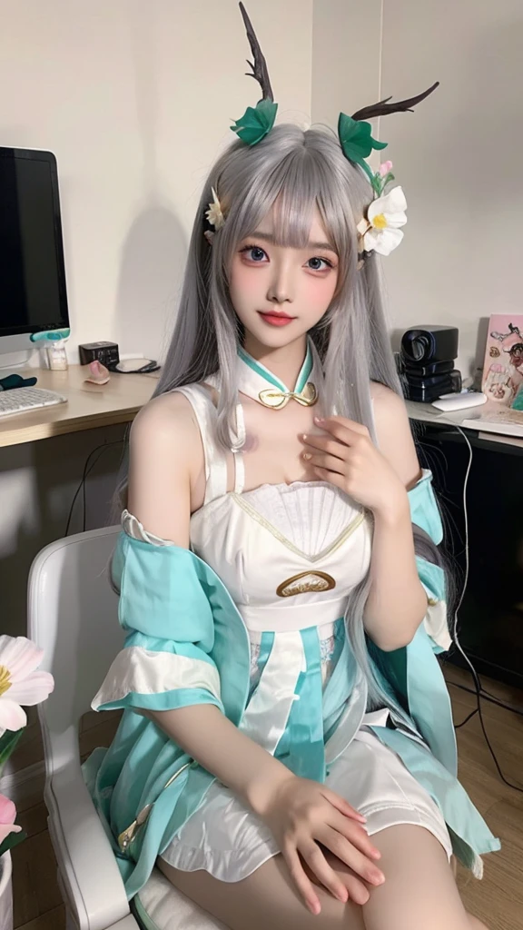 a close up of a woman sitting on a chair with a flower in her hair, computer graphics by Lü Ji, trending on cg society, rococo, anime barbie doll, anime thai girl, popular korean makeup