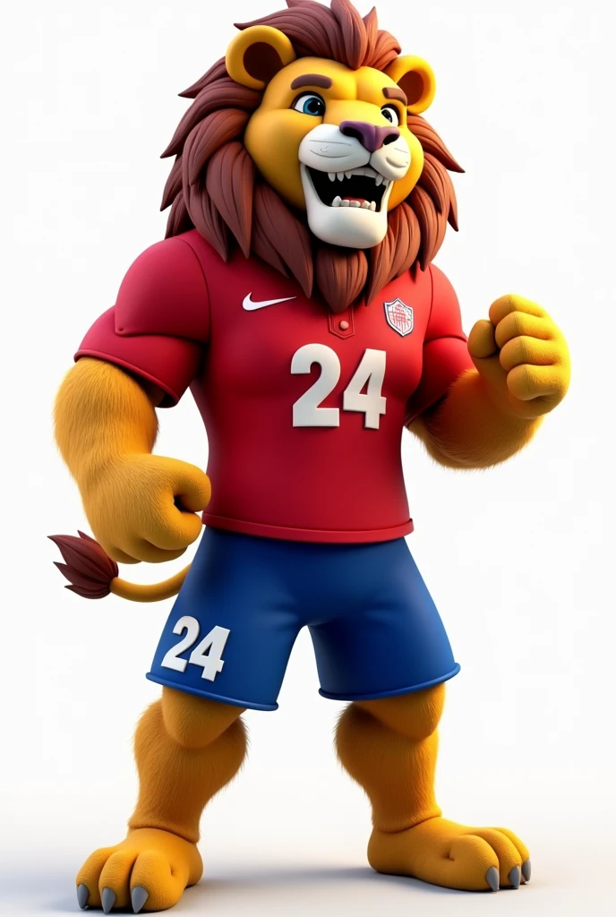 A lion mascot with the number 24 on the leg in white with a red polo shirt and blue shorts with a white background