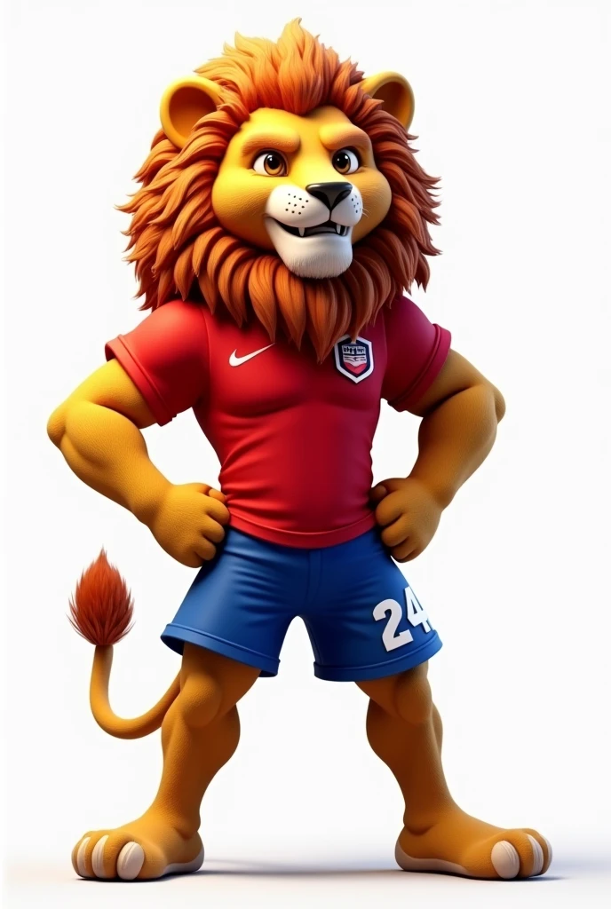 A lion mascot with the number 24 on the leg in white with a red polo shirt and blue shorts with a white background