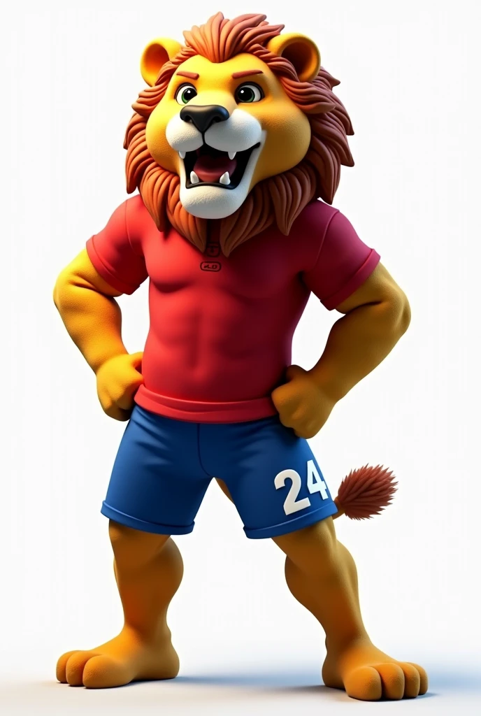 A lion mascot with the number 24 on the leg in white with a red polo shirt and blue shorts with a white background
