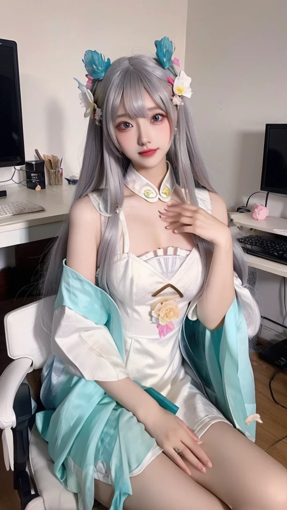 a close up of a woman sitting on a chair with a flower in her hair, computer graphics by Lü Ji, trending on cg society, rococo, anime barbie doll, anime thai girl, popular korean makeup
