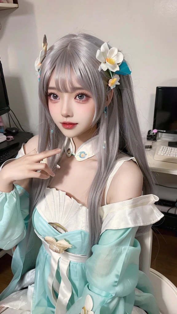 a close up of a woman sitting on a chair with a flower in her hair, computer graphics by Lü Ji, trending on cg society, rococo, anime barbie doll, anime thai girl, popular korean makeup