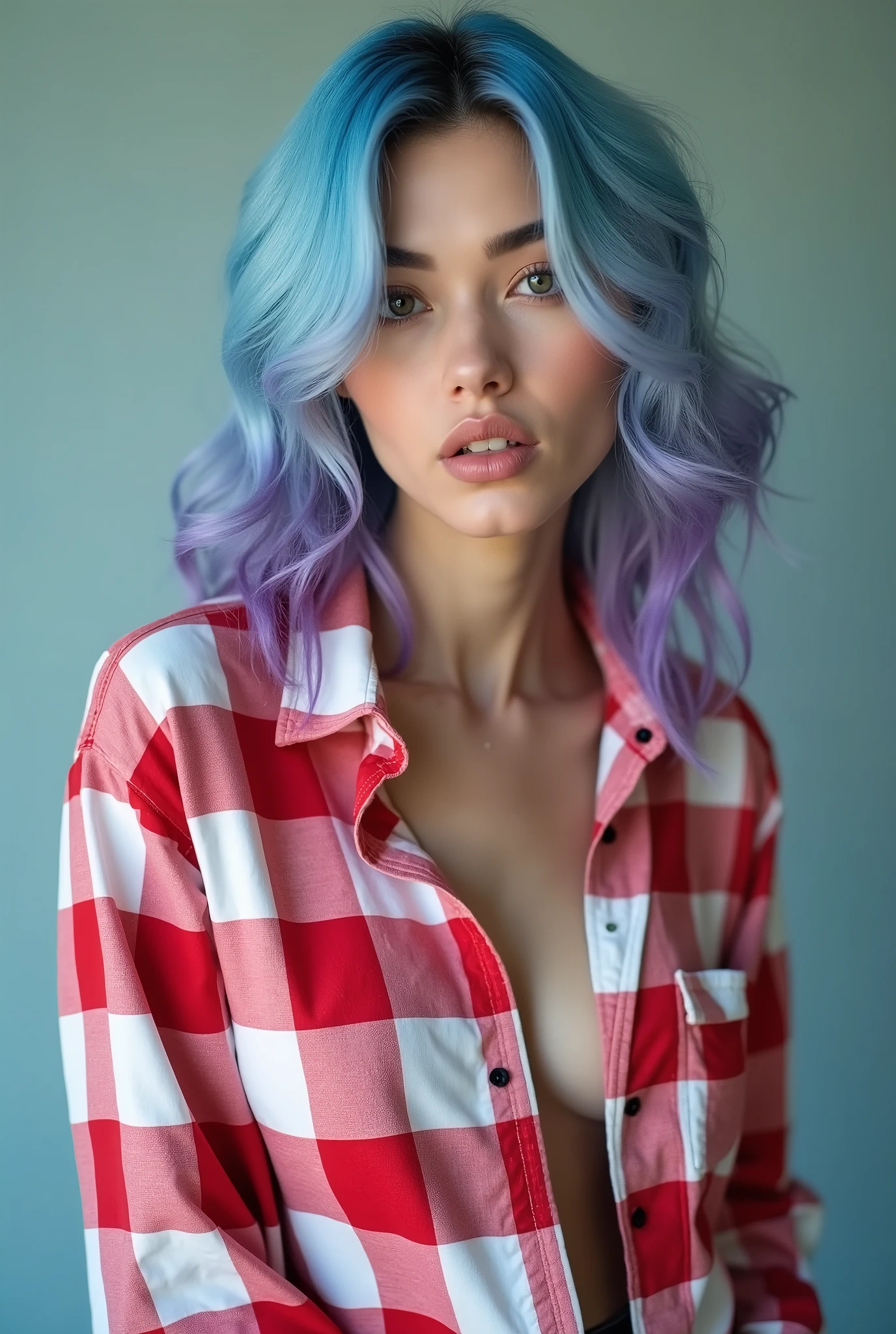 a woman white blue, cyan and purple hair, in a red and white shirt poses for a photo, big b.ust, wearing a checkered shirt, in a checkered shirt, the shirt is completely unbuttoned, big b.ust covered by big b.ust, seductive smile, big b.ust
