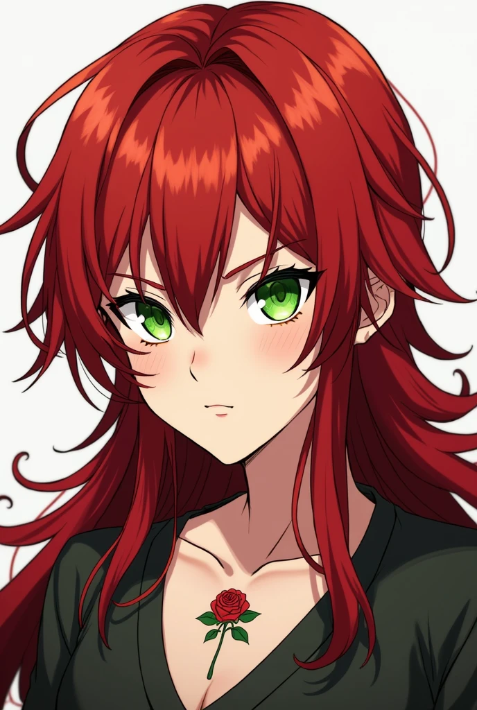 Boy with red hair down to his shoulders and green eyes with a mole under his left eye, white skin with a rose tattoo on her neck, quite masculine anime