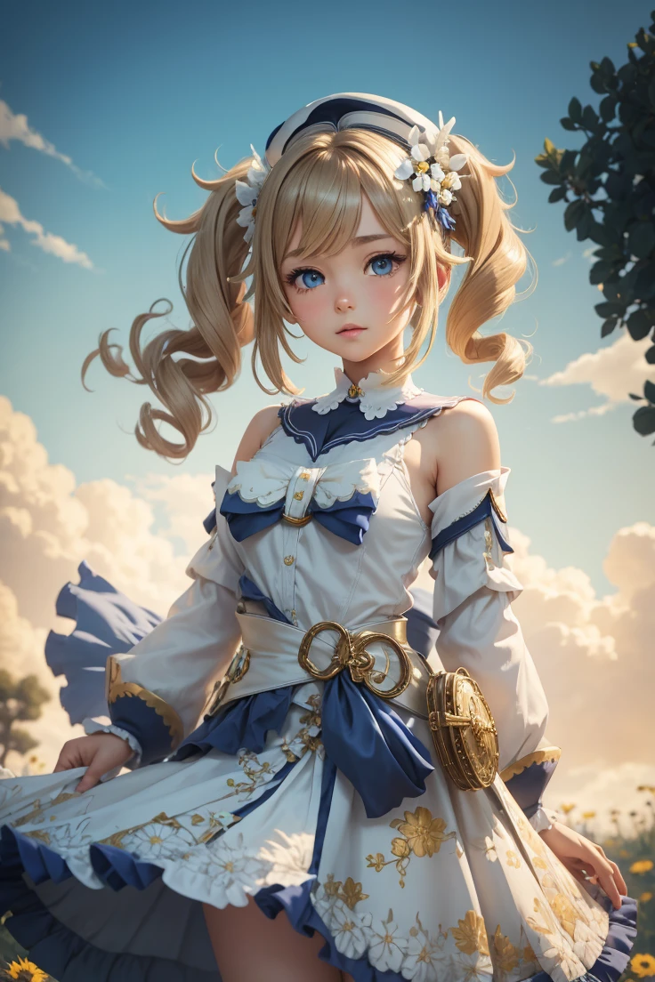 {Charming anime girl with wavy, light brown hair adorned with white floral accessories and a navy blue hat with golden accents, her bright blue eyes sparkle with delight:0.9}, {She wears a whimsical sailor dress in pristine white with navy blue and golden trim, a large bow with a cross motif at the collar, and a decorative blue sash around her waist. The outfit is embellished with intricate gold detailing and small charms, evoking a sense of enchantment:0.8}, [Set against a serene, early evening sky with gentle hues of blue and orange merging at the horizon, over a vibrant meadow blooming with white daisies, creating a peaceful and idyllic setting:0.7}, {The artwork is rendered in a clear and vivid anime style, capturing the soft textures of her hair and the delicate fabric of her dress, while the background blends a painterly touch to emphasize the magical, almost storybook quality of the scene:0.9},
{The overall composition is bright and airy, with a focus on high dynamic range that accentuates the light filtering through her hair and the reflective qualities of her eyes, enhancing the youthful and optimistic aura of the character:0.8}