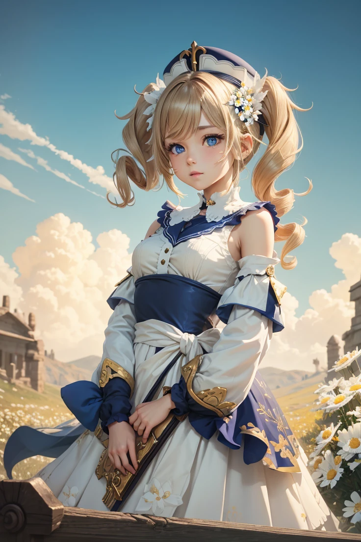 {Charming anime girl with wavy, light brown hair adorned with white floral accessories and a navy blue hat with golden accents, her bright blue eyes sparkle with delight:0.9}, {She wears a whimsical sailor dress in pristine white with navy blue and golden trim, a large bow with a cross motif at the collar, and a decorative blue sash around her waist. The outfit is embellished with intricate gold detailing and small charms, evoking a sense of enchantment:0.8}, [Set against a serene, early evening sky with gentle hues of blue and orange merging at the horizon, over a vibrant meadow blooming with white daisies, creating a peaceful and idyllic setting:0.7}, {The artwork is rendered in a clear and vivid anime style, capturing the soft textures of her hair and the delicate fabric of her dress, while the background blends a painterly touch to emphasize the magical, almost storybook quality of the scene:0.9},
{The overall composition is bright and airy, with a focus on high dynamic range that accentuates the light filtering through her hair and the reflective qualities of her eyes, enhancing the youthful and optimistic aura of the character:0.8}