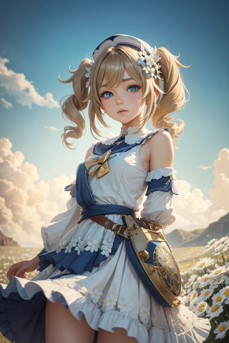 {Charming anime girl with wavy, light brown hair adorned with white floral accessories and a navy blue hat with golden accents, her bright blue eyes sparkle with delight:0.9}, {She wears a whimsical sailor dress in pristine white with navy blue and golden trim, a large bow with a cross motif at the collar, and a decorative blue sash around her waist. The outfit is embellished with intricate gold detailing and small charms, evoking a sense of enchantment:0.8}, [Set against a serene, early evening sky with gentle hues of blue and orange merging at the horizon, over a vibrant meadow blooming with white daisies, creating a peaceful and idyllic setting:0.7}, {The artwork is rendered in a clear and vivid anime style, capturing the soft textures of her hair and the delicate fabric of her dress, while the background blends a painterly touch to emphasize the magical, almost storybook quality of the scene:0.9},
{The overall composition is bright and airy, with a focus on high dynamic range that accentuates the light filtering through her hair and the reflective qualities of her eyes, enhancing the youthful and optimistic aura of the character:0.8}