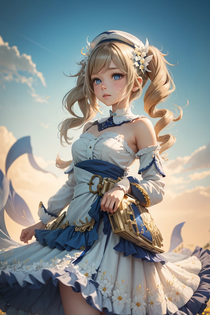 {Charming anime girl with wavy, light brown hair adorned with white floral accessories and a navy blue hat with golden accents, her bright blue eyes sparkle with delight:0.9}, {She wears a whimsical sailor dress in pristine white with navy blue and golden trim, a large bow with a cross motif at the collar, and a decorative blue sash around her waist. The outfit is embellished with intricate gold detailing and small charms, evoking a sense of enchantment:0.8}, [Set against a serene, early evening sky with gentle hues of blue and orange merging at the horizon, over a vibrant meadow blooming with white daisies, creating a peaceful and idyllic setting:0.7}, {The artwork is rendered in a clear and vivid anime style, capturing the soft textures of her hair and the delicate fabric of her dress, while the background blends a painterly touch to emphasize the magical, almost storybook quality of the scene:0.9},
{The overall composition is bright and airy, with a focus on high dynamic range that accentuates the light filtering through her hair and the reflective qualities of her eyes, enhancing the youthful and optimistic aura of the character:0.8}