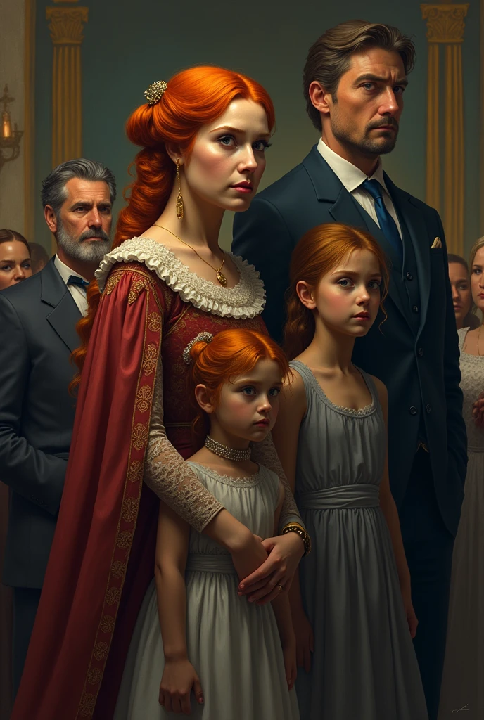 An orange-haired queen with her 2 daughters and husband at her father-in-law&#39;s funeral 