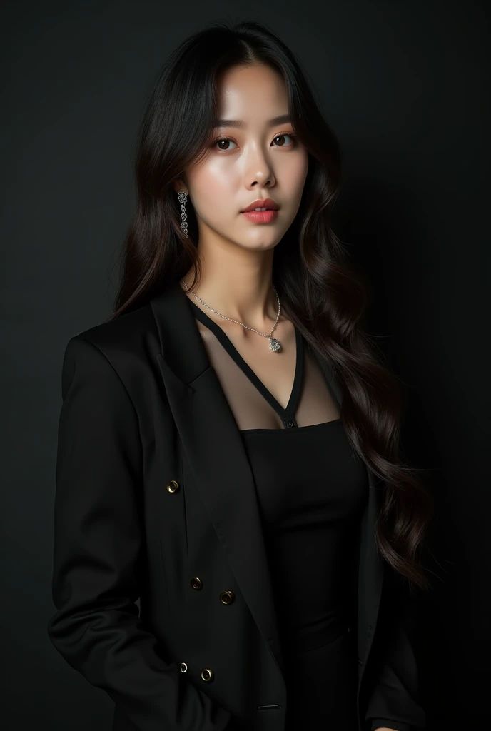 Photoshoot debut girlgrup. Rank 3 trainee. Leader, Lead Vocalist, Visual. Korean. Long hair. Her face like Jiho oh my girl. Concept black. 