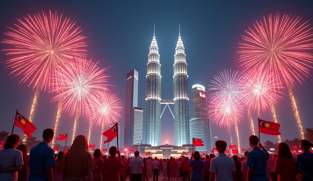 ((photorealism:1.2)), Malaysia Day, Citizens back, Malaysia flags big, Malaysia Petronas Twin tower, High-Quality image Generation, night view, fireworks, citizen's cloth different colors, happy,realistic 3d