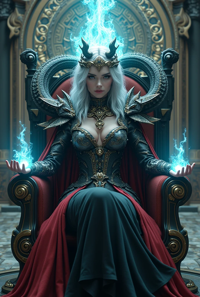 Surreal　Very detailed　Ultra Fantasy　Ultimate Details　Ultra-high resolution　8K 32k 3D 　Clear Eyes　Silver Hair　　Sit on a chair　A hawk sits on a skull　A pale blue flame of mystical energy shoots out from above his hands.　Assassin　　Dragons on both shoulders　mechanical engineering　Mechanic Art　　.　intricate and elaborate design, money, gold　Silver　Silver Red　Black-purple　Dynamic pose　　Cinema Lighting　Demonic Spell Aura　Sit on a chair　　　Magic circle design　A large, luxurious amulet made of gold　Vivid Color　　Girl　 　A gorgeous, mysterious and cool tiara　The ultimate mysterious design　Satanism　Demonic Armor　　Mysterious Chair　Gorgeous demonic armor with a rough texture　Girl