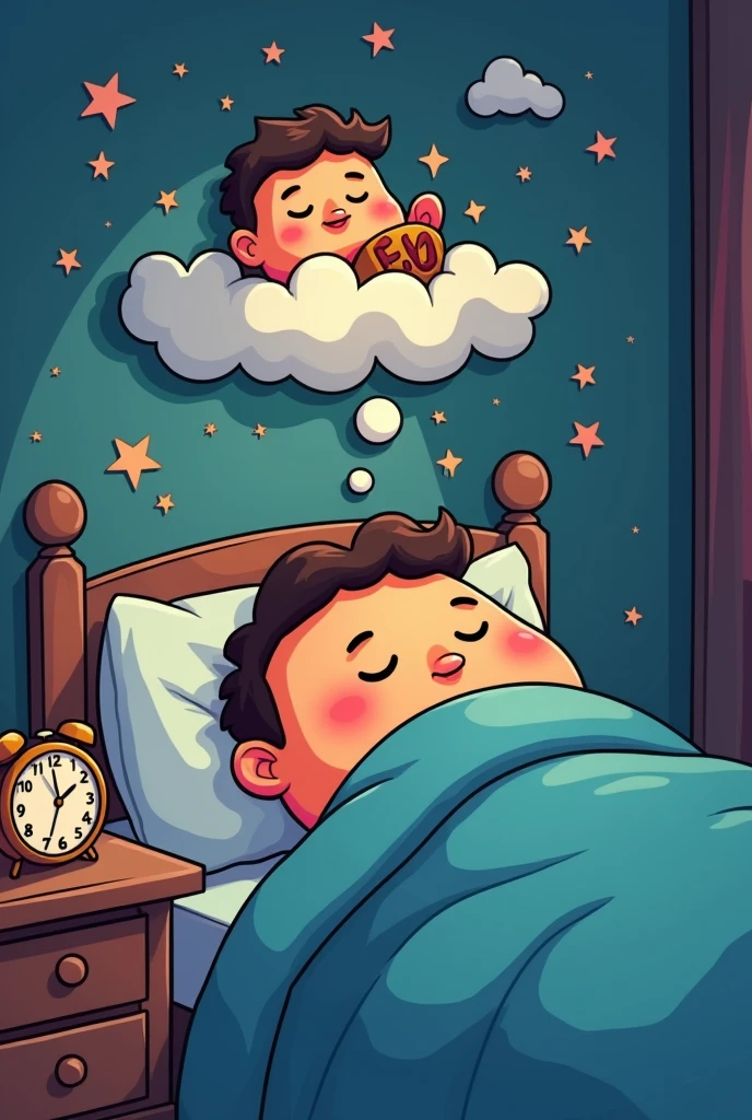 A cartoon men sleeping in bed room at 3:45 at night. Her room in table clock, and he dreaming,  her had up dreaming scene in dream shape, her  720x700 image