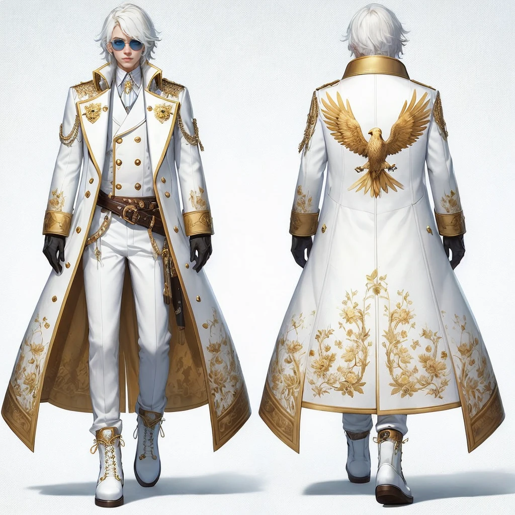 Realistic anime character with short white hair and sunglasses dressed in a long, gold buttoned white coat with three separated coattails. A golden, floral pattern decorates the entire coat. A gold lining runs across the edges of the coat, a silky, golden flower blossom pattern decorates the inner lining, and an eagle pattern on the back. He wears white pants, leather belt, white gloves, and tall white boots. He has a tall figure, and broad shoulders.