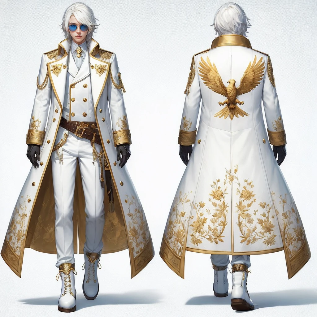 Realistic anime character with short white hair and sunglasses dressed in a long, gold buttoned white coat with three separated coattails. A golden, floral pattern decorates the entire coat. A gold lining runs across the edges of the coat, a silky, golden flower blossom pattern decorates the inner lining, and an eagle pattern on the back. He wears white pants, leather belt, white gloves, and tall white boots. He has a tall figure, and broad shoulders.